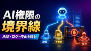 参照・下書き・実行の権限を承認ゲートで分けるAIエージェント統制のイメージ