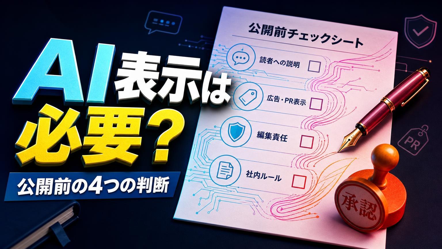AI利用コンテンツの公開前に、表示・PR・編集責任を確認するイメージ