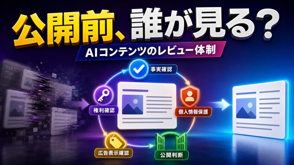 AI生成コンテンツの公開前に、事実、権利、個人情報、広告表示を確認するレビュー体制のイメージ