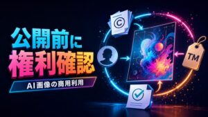 AI生成画像を公開前に権利確認することを表す、チェック項目と抽象的な画像のビジュアル