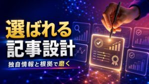 出典と比較軸を備えた記事設計を表す、資料カードを選び抜くイメージ
