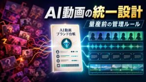 AI動画のキャラクター、声、字幕、画面表現を一つのブランド台帳で管理するイメージ