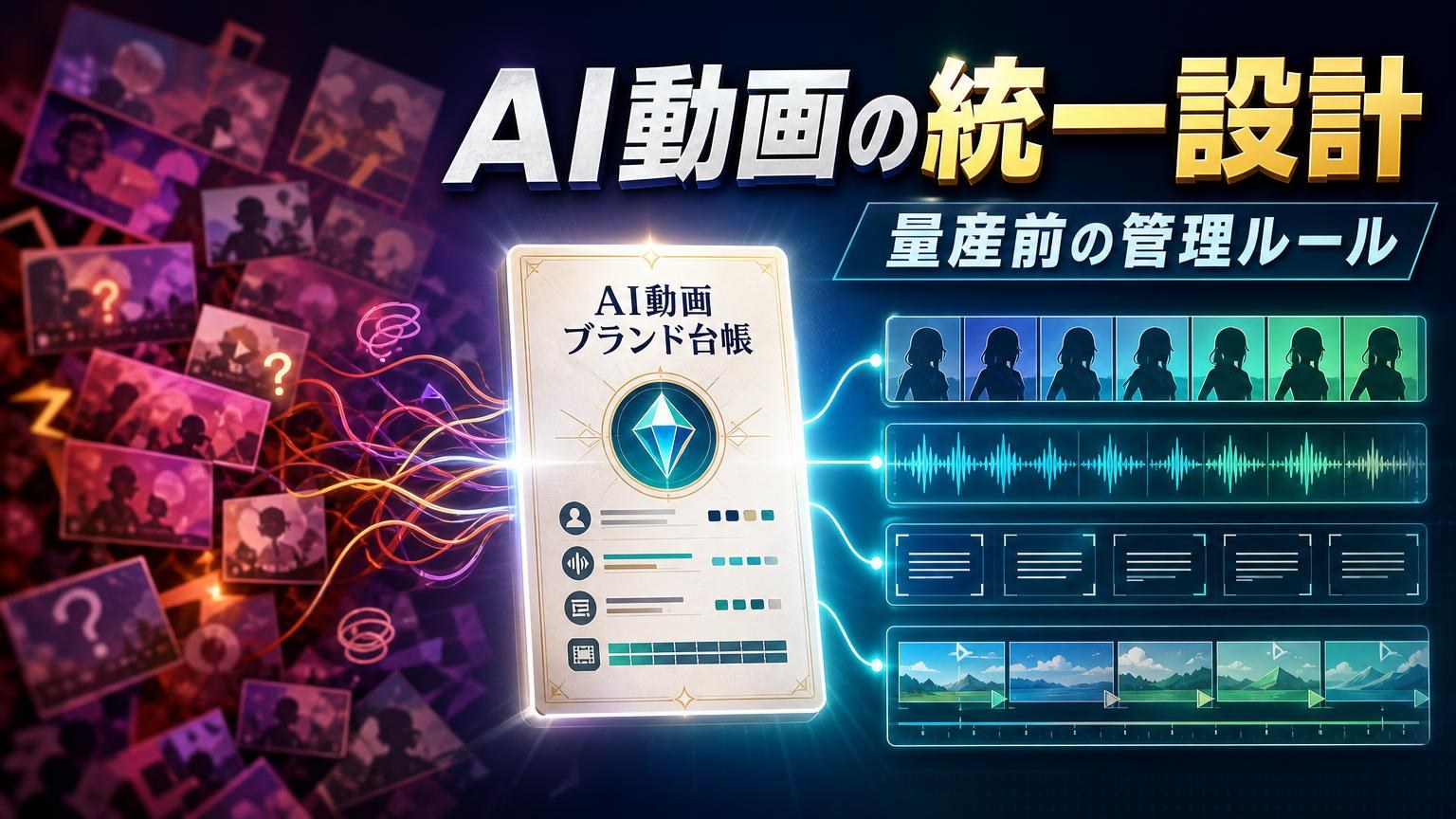 AI動画のキャラクター、声、字幕、画面表現を一つのブランド台帳で管理するイメージ