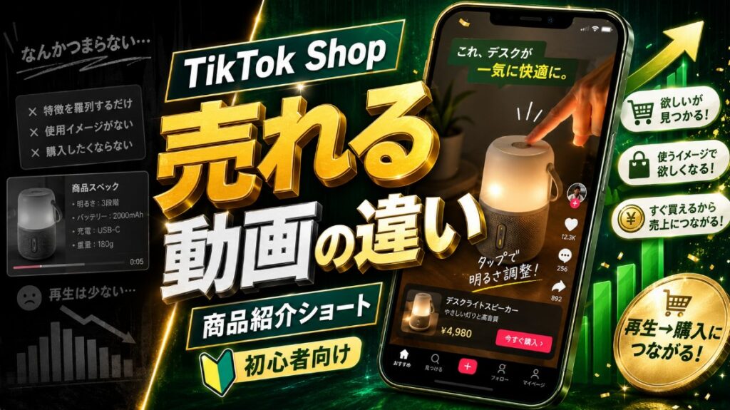 TikTok Shopで売れる商品紹介ショートの作り方を解説するサムネイル