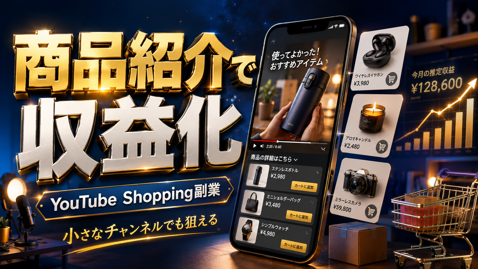 YouTube Shoppingで商品紹介動画を収益化する方法を解説するサムネイル