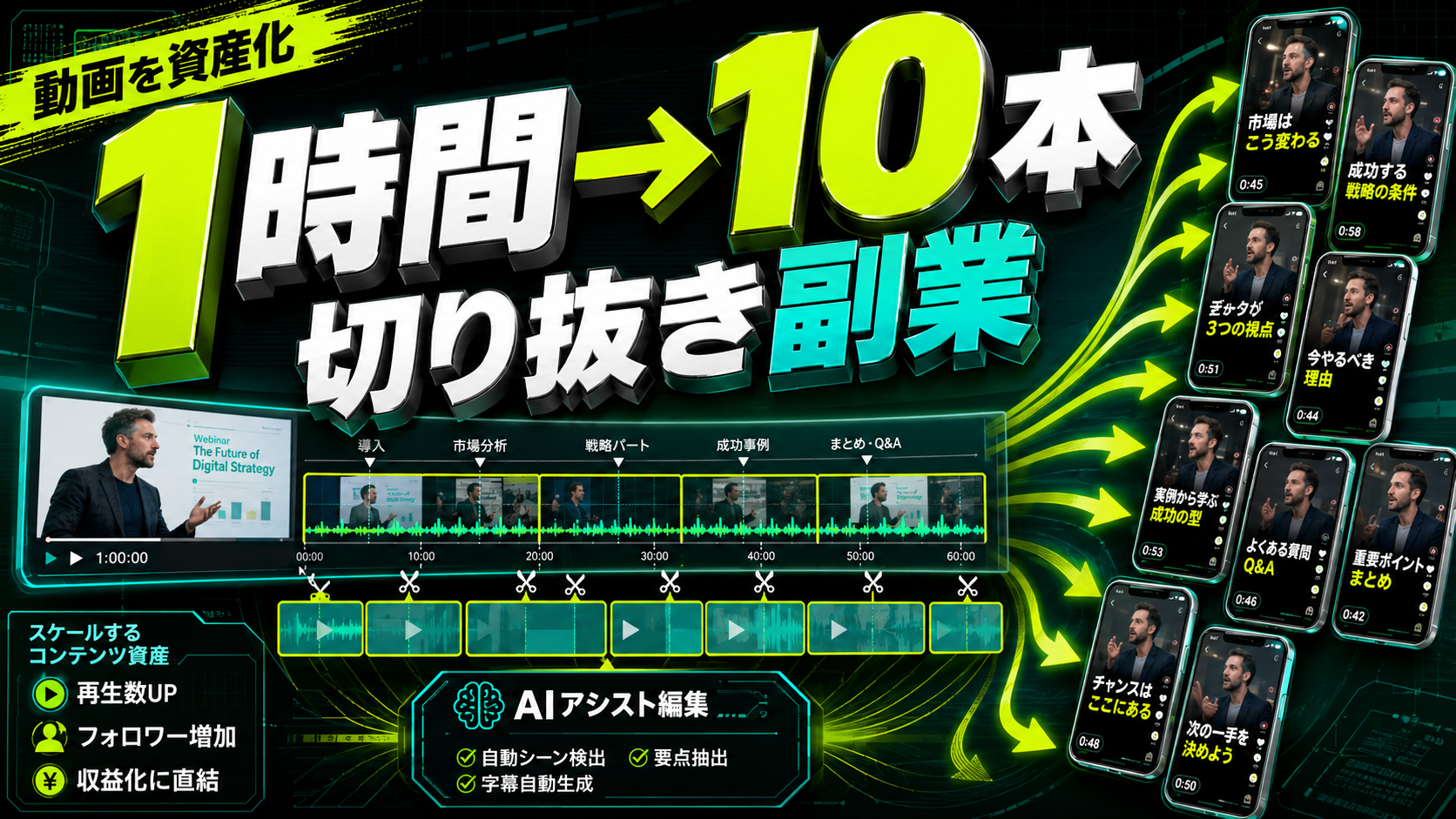 1時間の長尺動画から10本のShortsを制作して副業にする方法