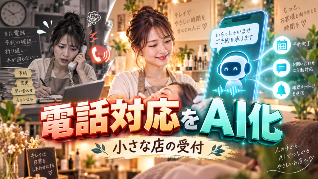 美容室などの小さな店舗で電話予約や問い合わせ対応をAI受付へ任せるイメージ