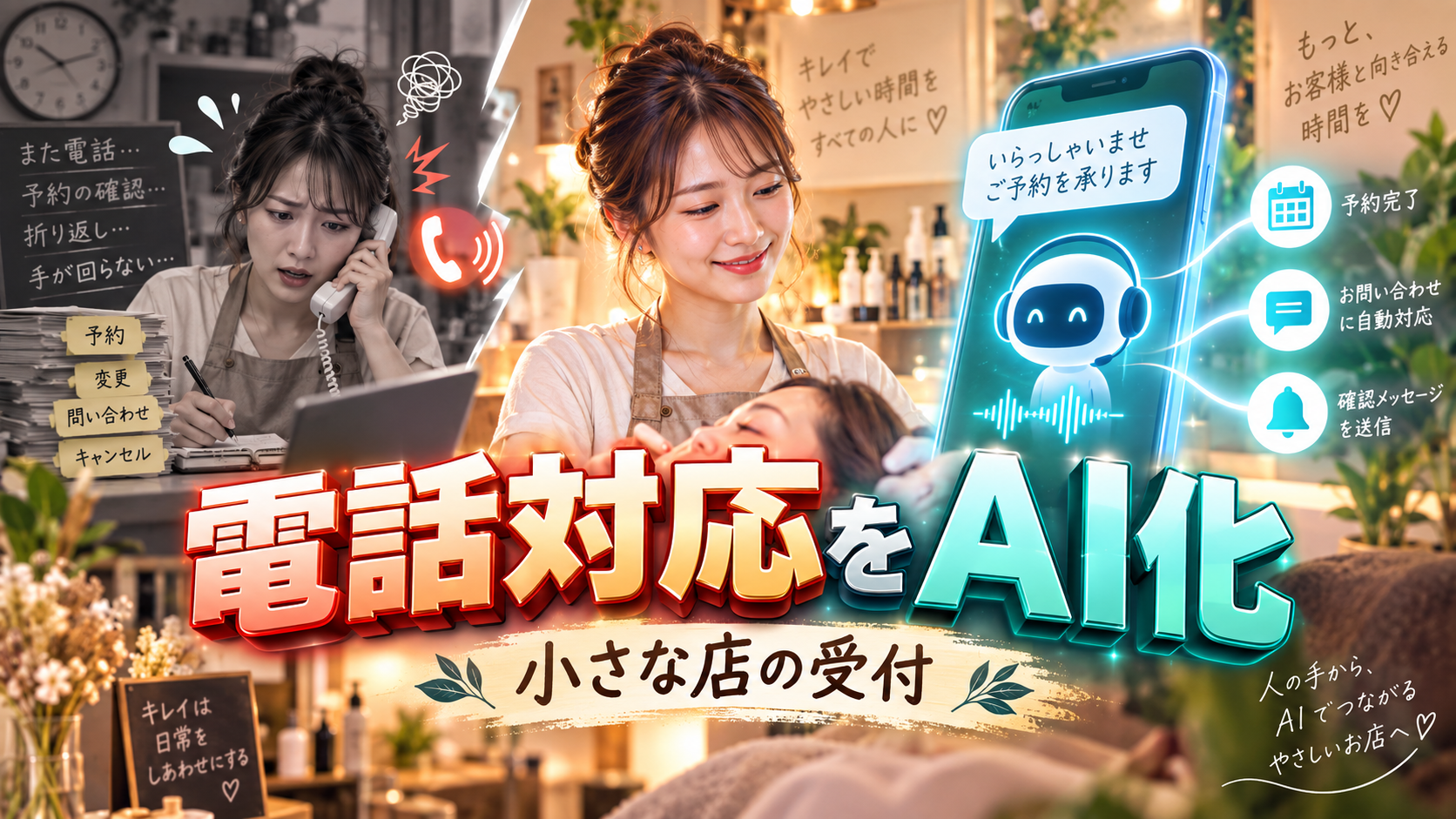 美容室などの小さな店舗で電話予約や問い合わせ対応をAI受付へ任せるイメージ