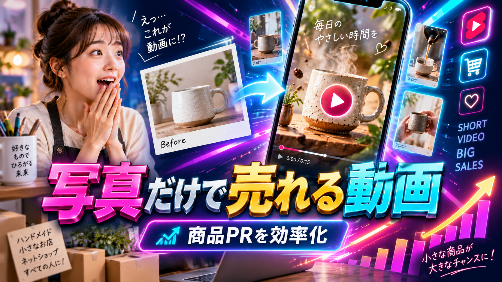 商品写真からAIでショート動画やSNS用PR素材へ展開して商品発信を効率化するイメージ