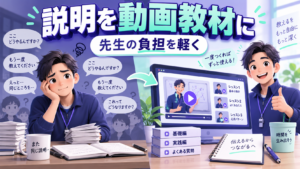 個人講師が毎回繰り返していた説明をAI動画教材へ変えて負担を減らすイメージ