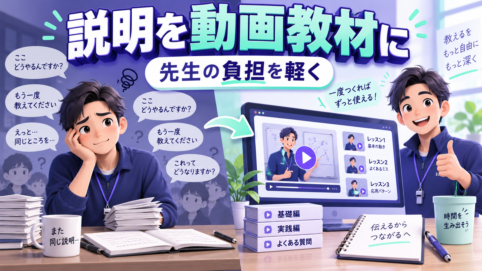 個人講師が毎回繰り返していた説明をAI動画教材へ変えて負担を減らすイメージ