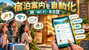 民泊の鍵やWi-Fiやチェックイン方法をスマートフォンのAIが多言語で案内するイメージ