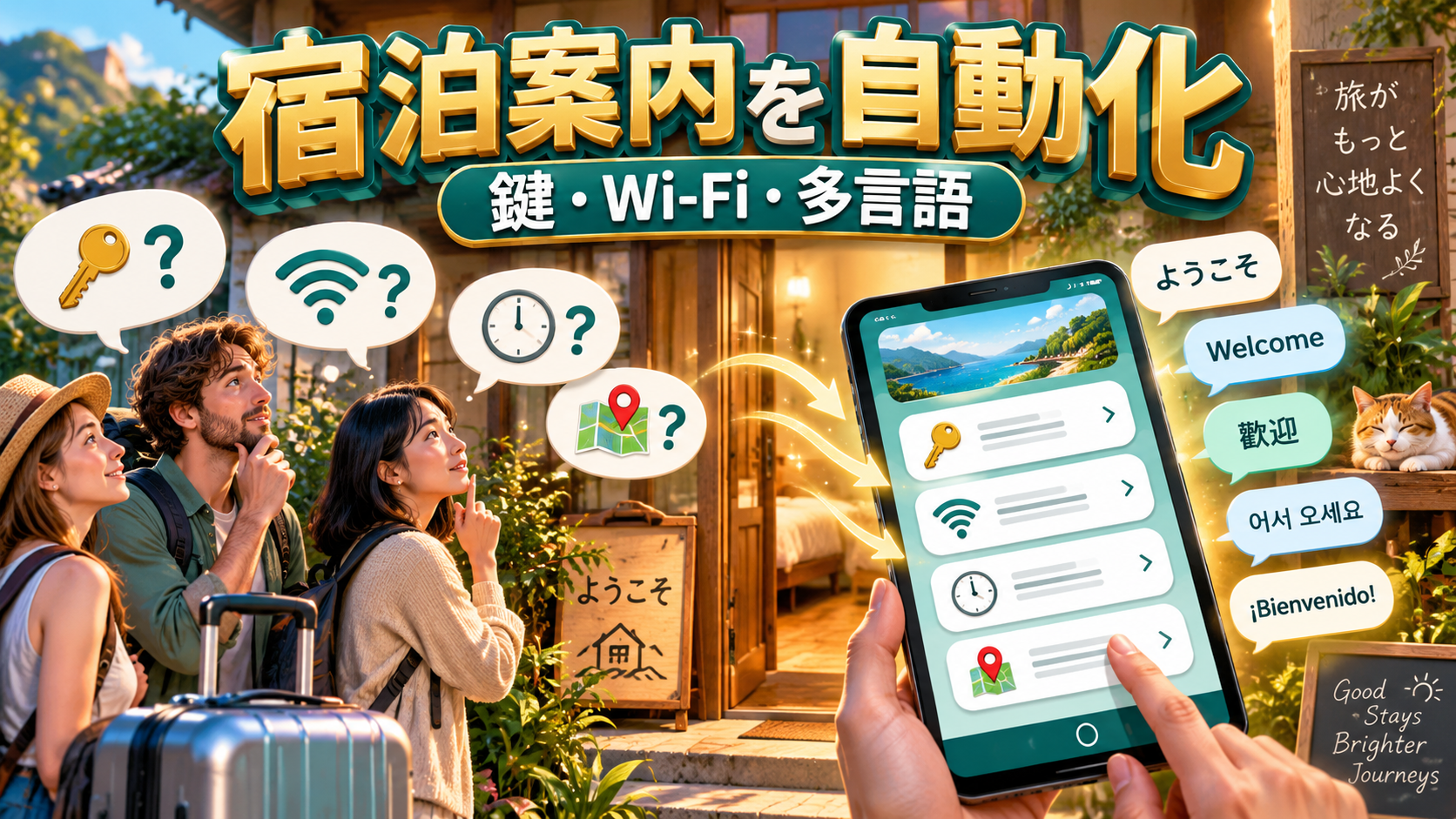 民泊の鍵やWi-Fiやチェックイン方法をスマートフォンのAIが多言語で案内するイメージ