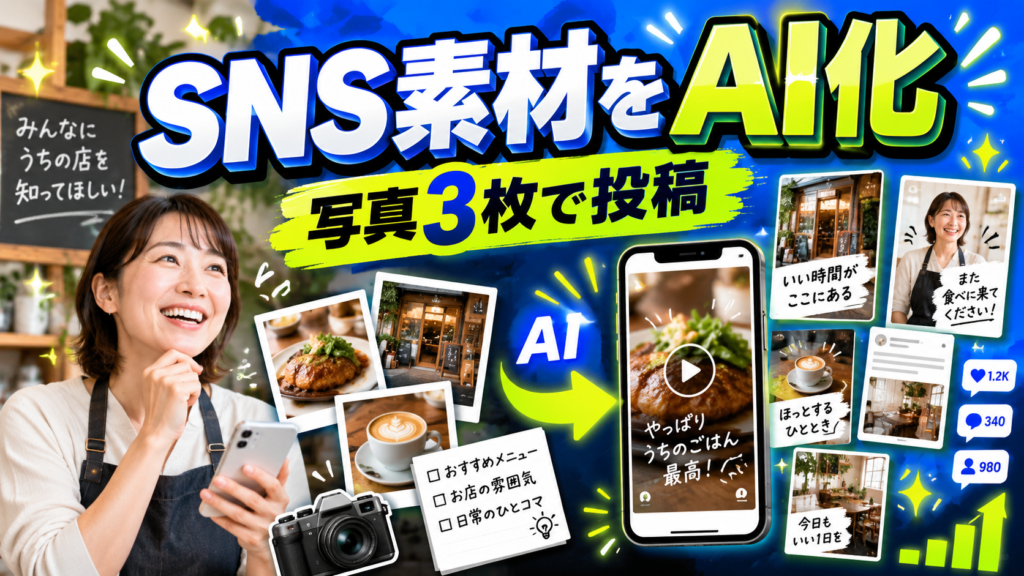 店舗で撮影した3枚の写真をAIでSNS投稿やショート動画へ展開して業務を効率化するイメージ