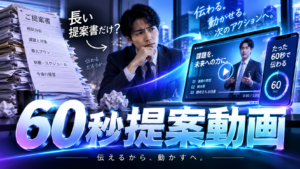 長い提案書を60秒のAI提案動画へ変えて商談後の説明を効率化するイメージ