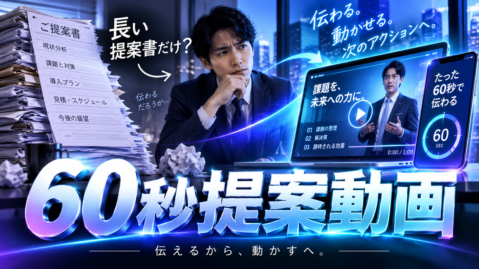 長い提案書を60秒のAI提案動画へ変えて商談後の説明を効率化するイメージ