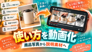 商品写真から使い方や手順を説明するAI動画へ変えて問い合わせ対応を減らすイメージ