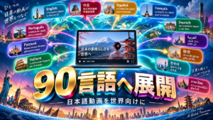 日本語の動画をAIで英語や中国語など世界の多言語へ展開するイメージ