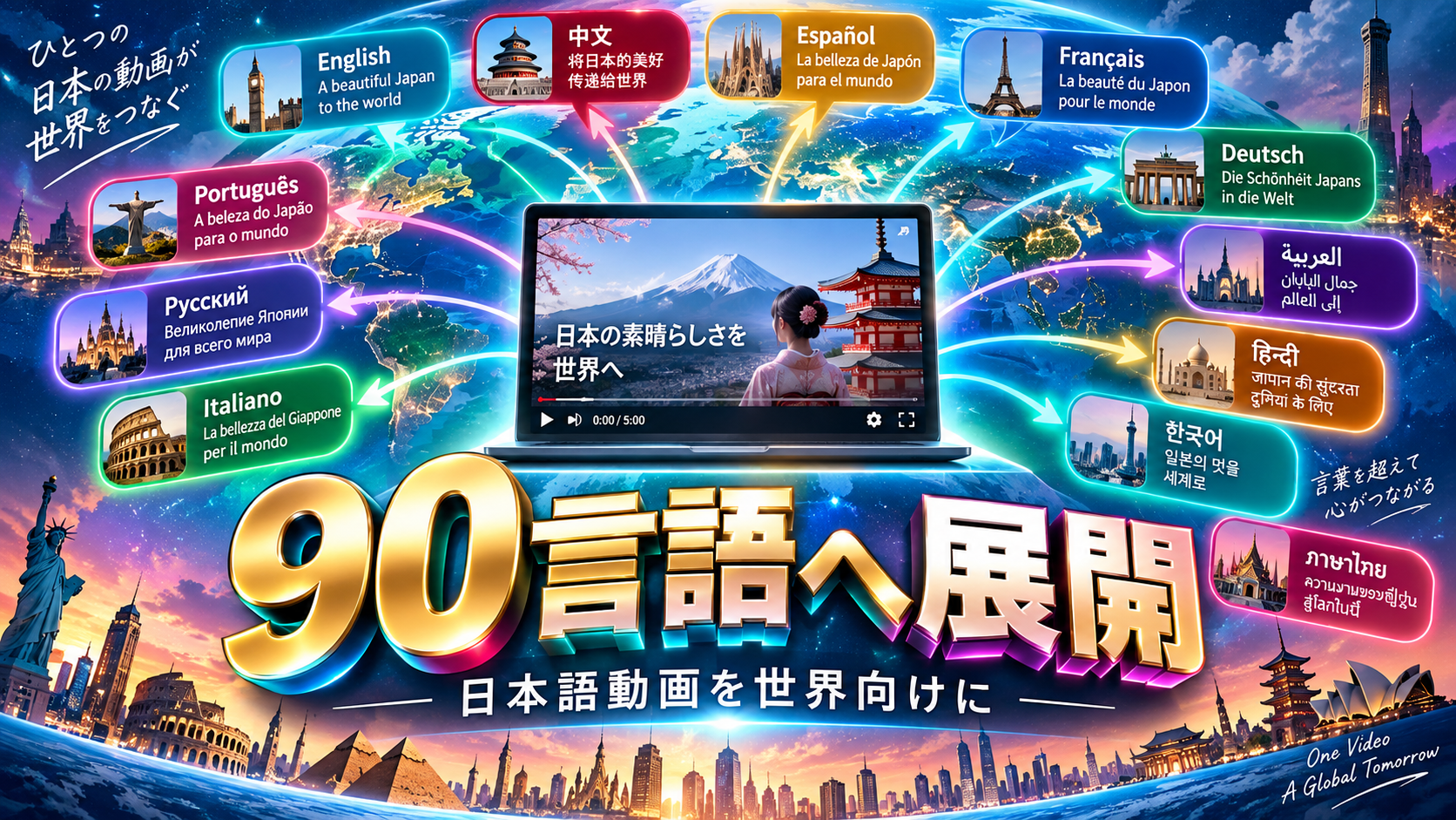 日本語の動画をAIで英語や中国語など世界の多言語へ展開するイメージ