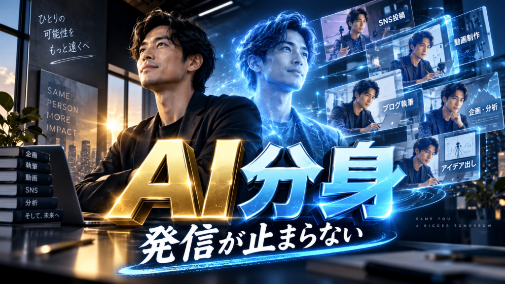 個人事業主本人とAI分身が並び、SNSや動画コンテンツを継続的に発信しているイメージ