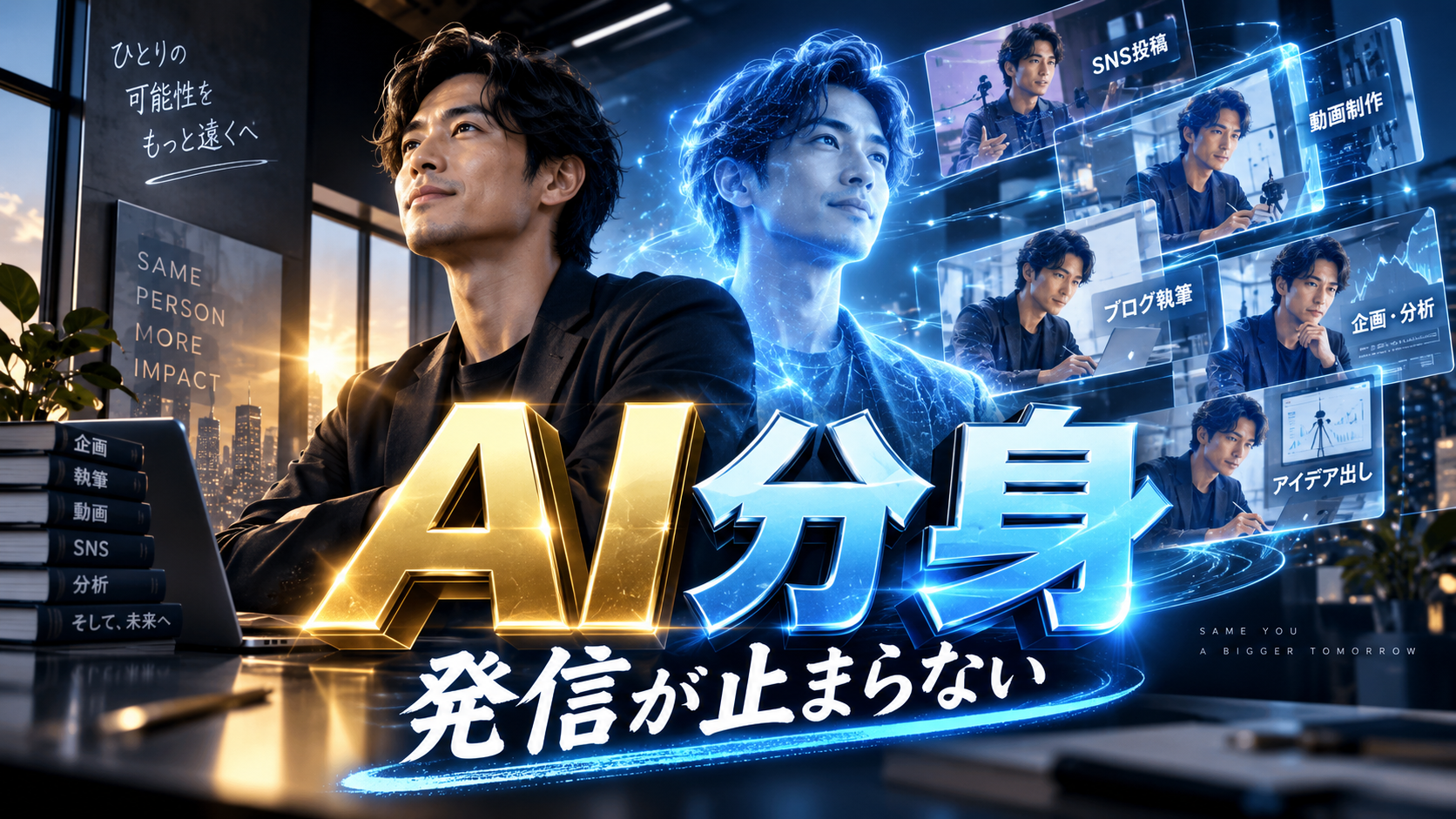 個人事業主本人とAI分身が並び、SNSや動画コンテンツを継続的に発信しているイメージ