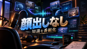 専門知識をAIで顔出しなしの解説動画やYouTube番組へ変えている制作環境のイメージ