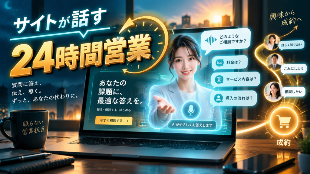 ホームページ上のAI営業担当がサービス説明や質問対応を行い相談予約につないでいるイメージ