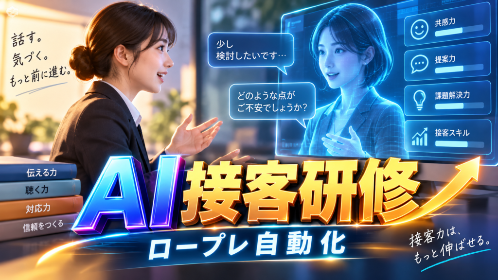 新人スタッフがAI顧客と会話しながら接客や営業を練習する未来的な研修風景
