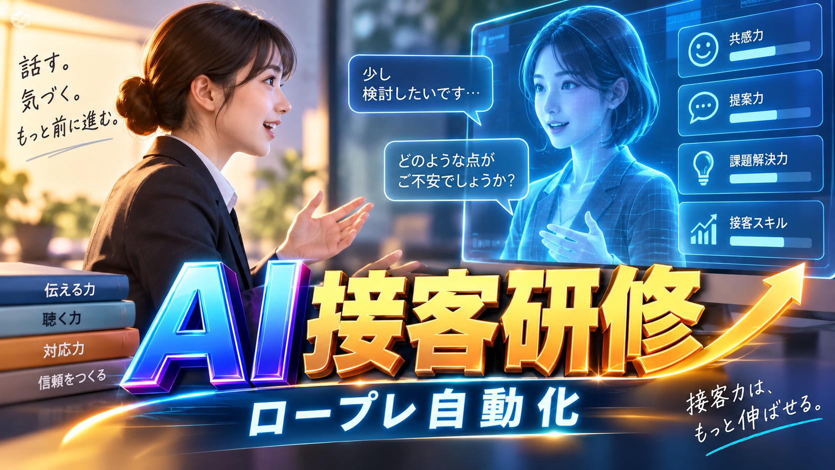 新人スタッフがAI顧客と会話しながら接客や営業を練習する未来的な研修風景