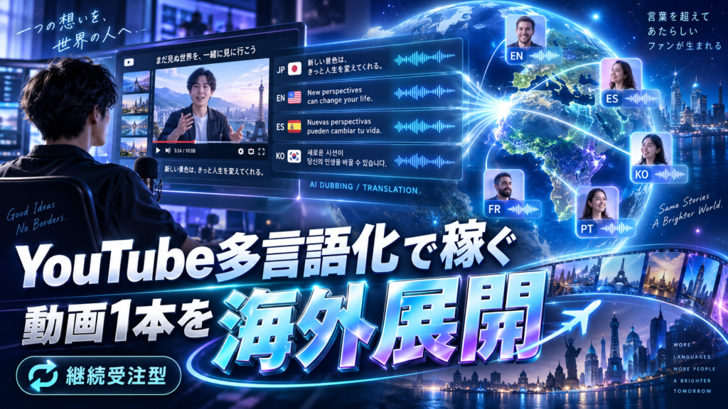 日本語のYouTube動画をAIで英語やスペイン語など複数言語へ展開して副業収入につなげるイメージ