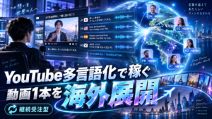 日本語のYouTube動画をAIで英語やスペイン語など複数言語へ展開して副業収入につなげるイメージ