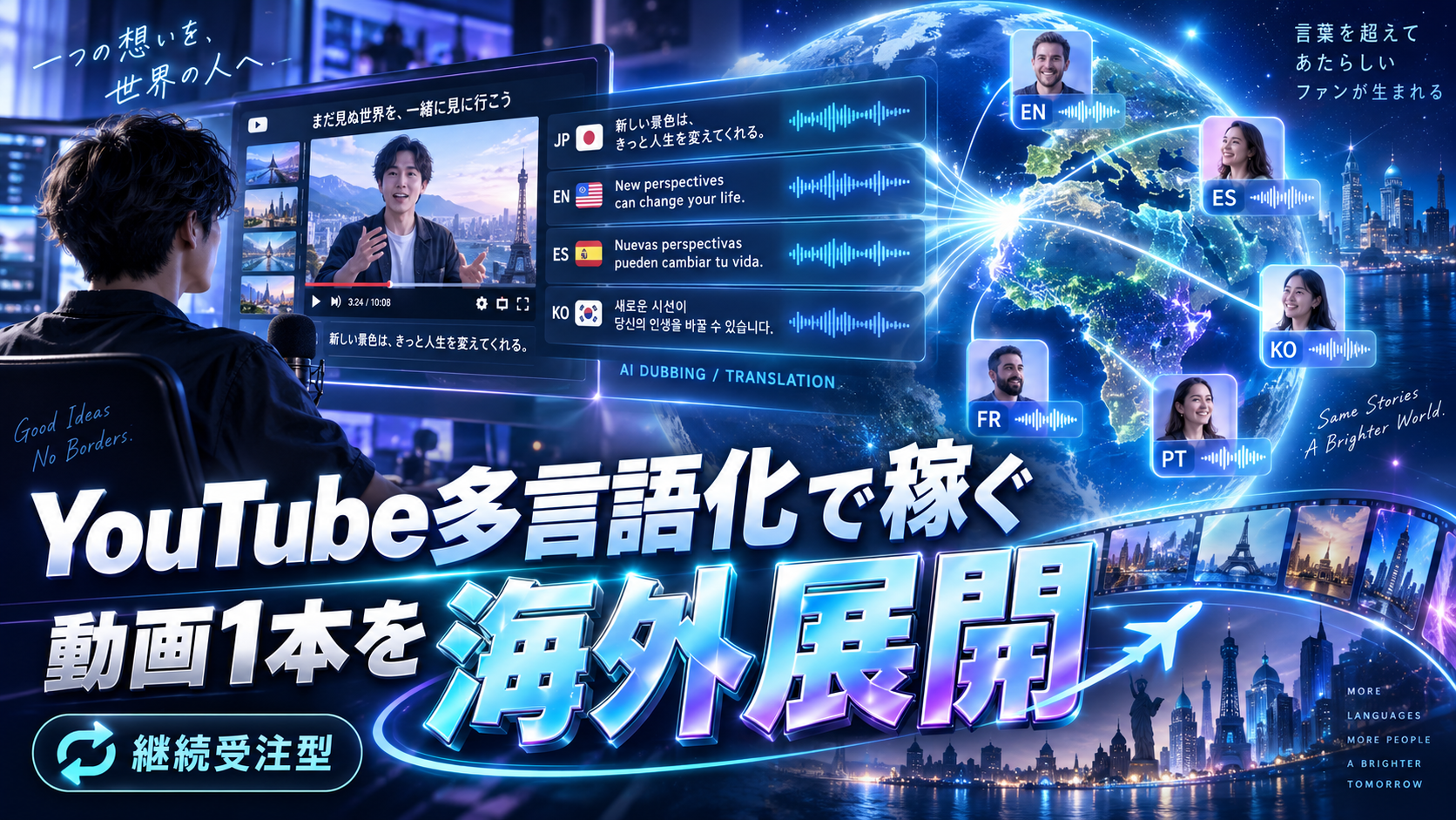 日本語のYouTube動画をAIで英語やスペイン語など複数言語へ展開して副業収入につなげるイメージ