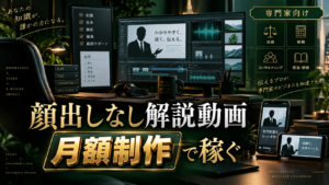 専門家の知識や記事を顔出しなしの解説動画へ変え、月額制作サービスとして販売するイメージ