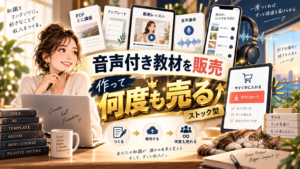 個人がPDFや動画、音声教材をAIで制作し、デジタル商品として繰り返し販売するイメージ