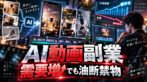 AI動画副業の需要増加と価格競争をデータで比較し、本当に稼げる条件を考えるイメージ