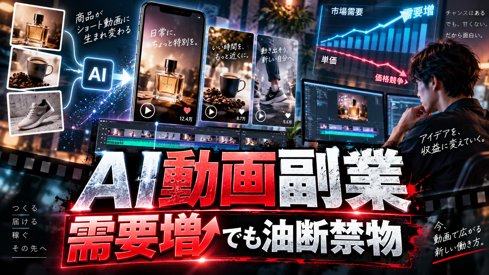 AI動画副業の需要増加と価格競争をデータで比較し、本当に稼げる条件を考えるイメージ