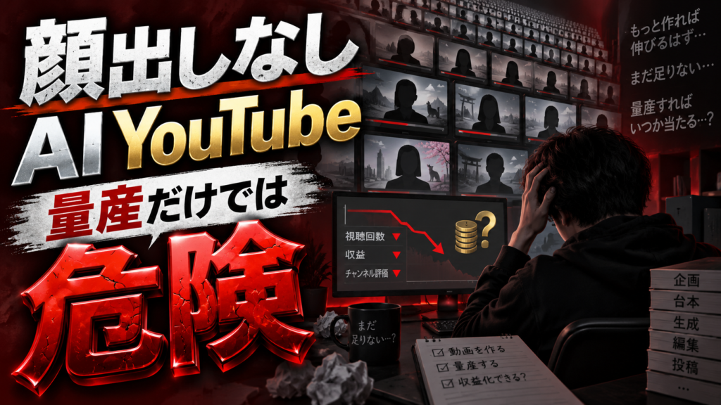 AIで顔出しなしYouTube動画を大量生成する一方で再生数や収益が伸びず、収益化条件を検証するイメージ