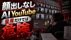 AIで顔出しなしYouTube動画を大量生成する一方で再生数や収益が伸びず、収益化条件を検証するイメージ