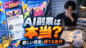 SNSで語られるAI副業の期待と現実をデータで比較し、稼げる条件を検証するイメージ