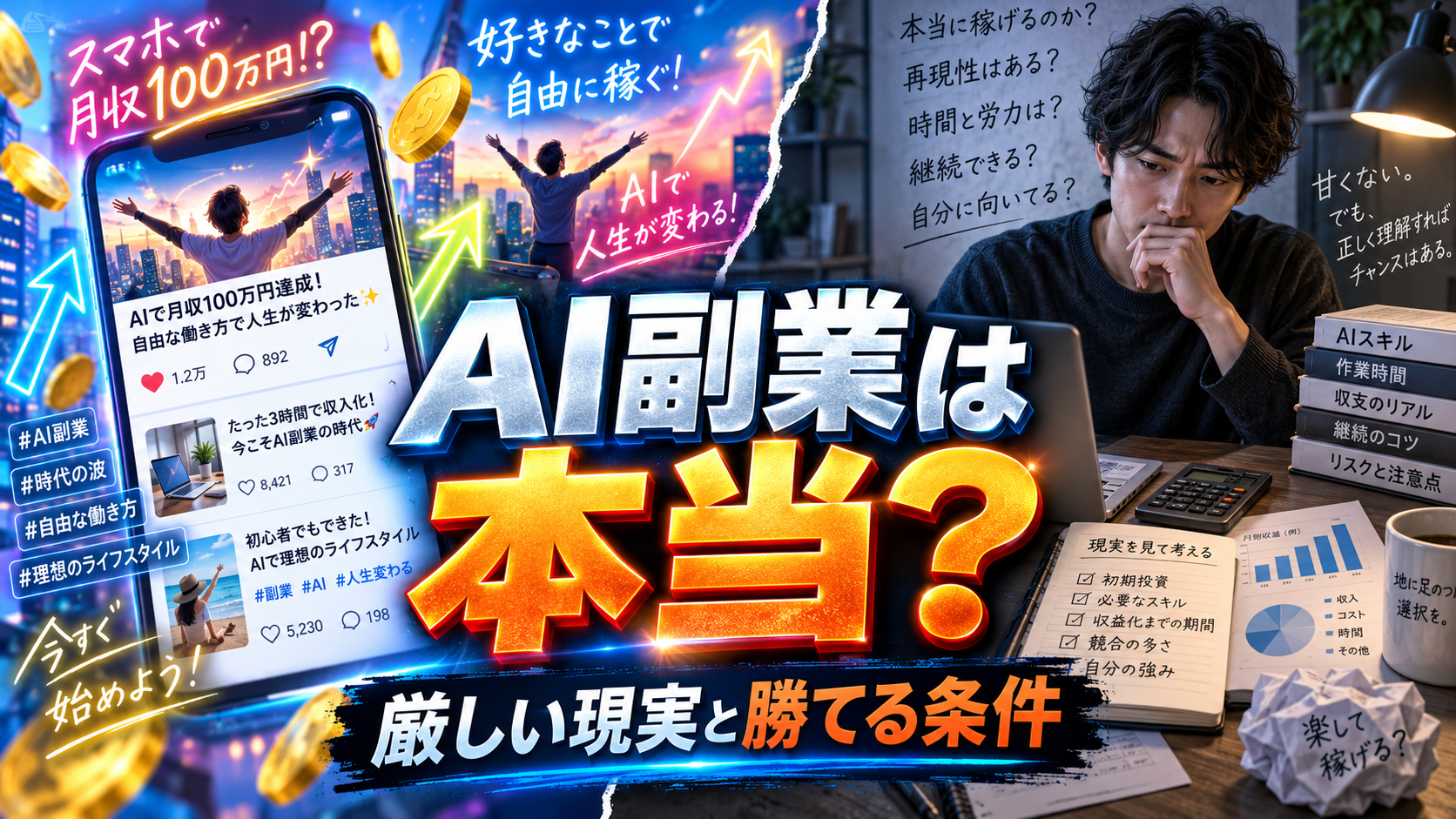 SNSで語られるAI副業の期待と現実をデータで比較し、稼げる条件を検証するイメージ