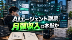 AIエージェントを企業業務へ組み込み月額サービスとして提供する仕組みと、設定だけでは稼げない現実を示すイメージ