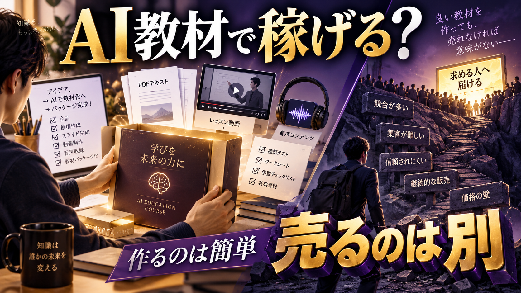 AIで教材を簡単に制作できる一方、販売や集客という壁が残っていることを表現したイメージ