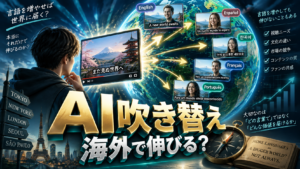 日本語YouTube動画をAIで複数言語へ吹き替えて世界へ展開し、海外再生が本当に伸びるかを検証するイメージ