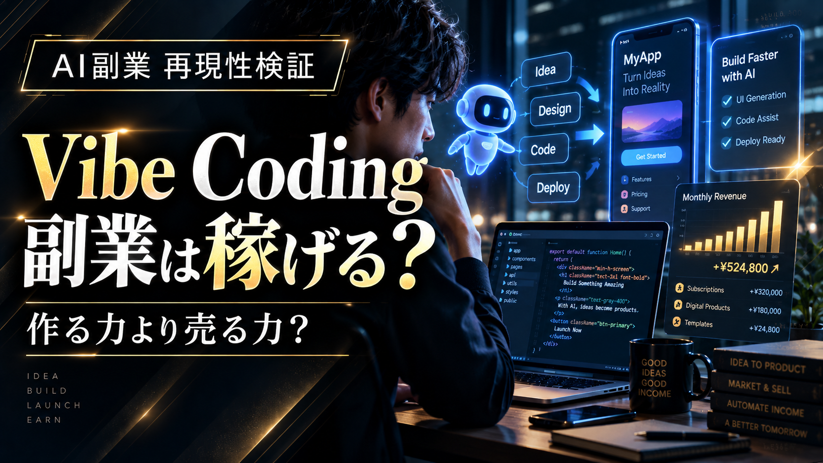 AIを活用してアプリや業務ツールを開発し副業収入へつなげるVibe Codingのイメージ