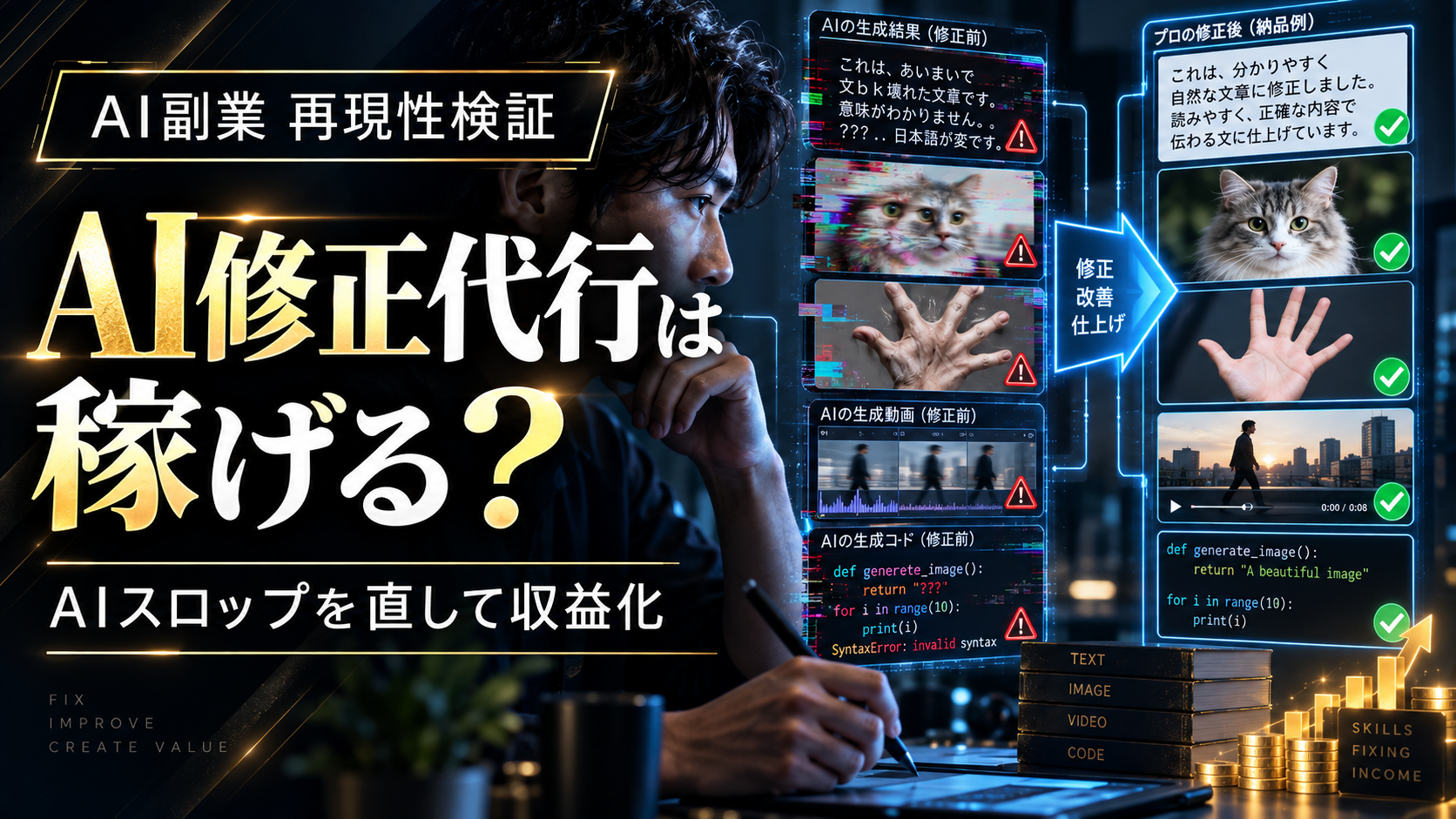 AIが生成した文章や画像、動画、コードの問題を人間が修正して収益化するイメージ