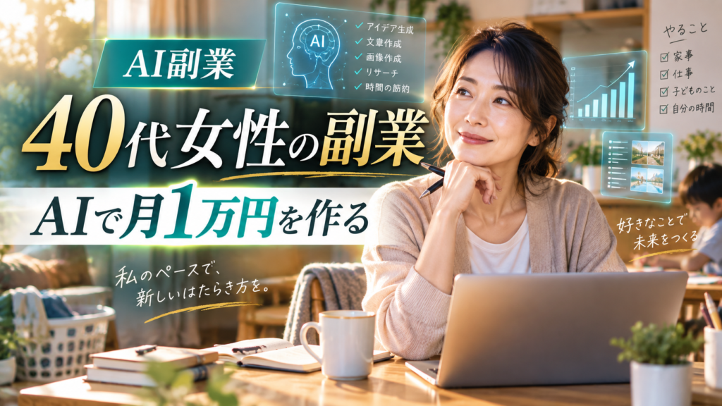 本業と家事の合間にパソコンでAI副業へ取り組む40代女性のイメージ