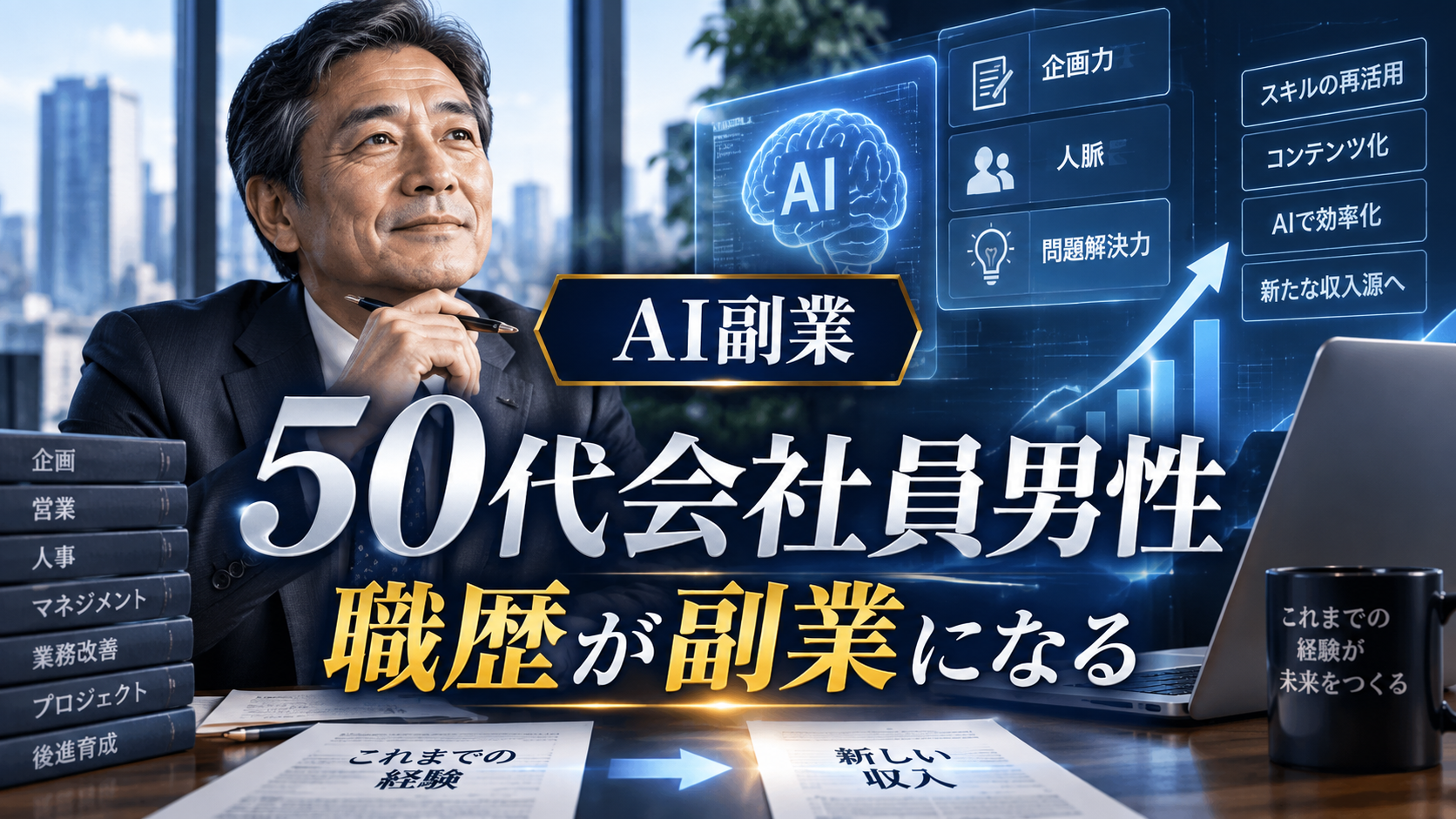 長年の会社員経験や専門知識をAIで整理し副業へ変える50代男性のイメージ