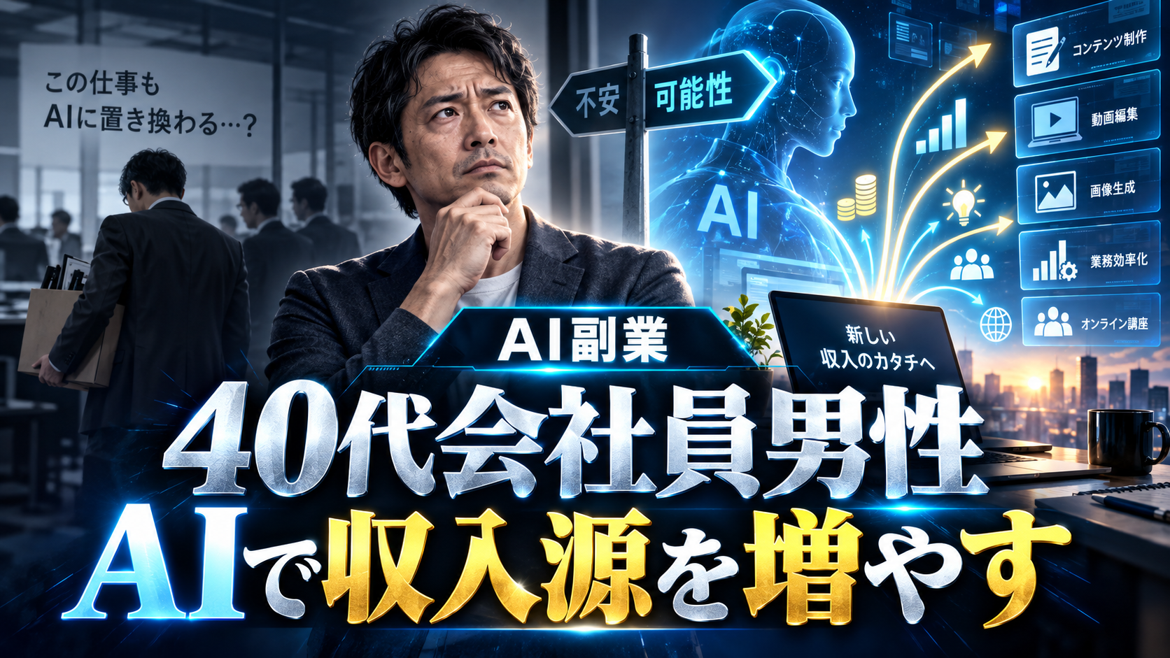 AIによる仕事の変化に不安を感じながらも生成AIを活用して新しい収入源を作る40代会社員男性のイメージ