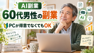 再雇用後の収入減少をきっかけに仕事経験とAIを組み合わせた副業を考える60代男性のイメージ