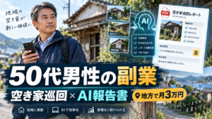 地方の空き家をスマートフォンで巡回確認しAIで写真付き報告書を作成する50代男性の副業イメージ